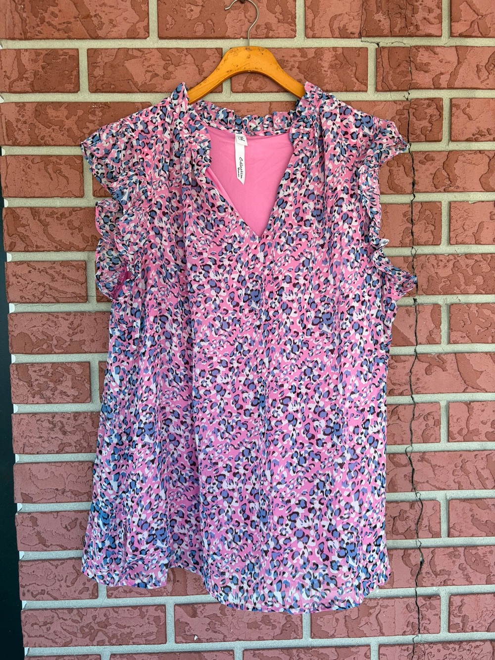 NY Collection Pink Leopard-Print Ruffle Cap-Sleeve Blouse